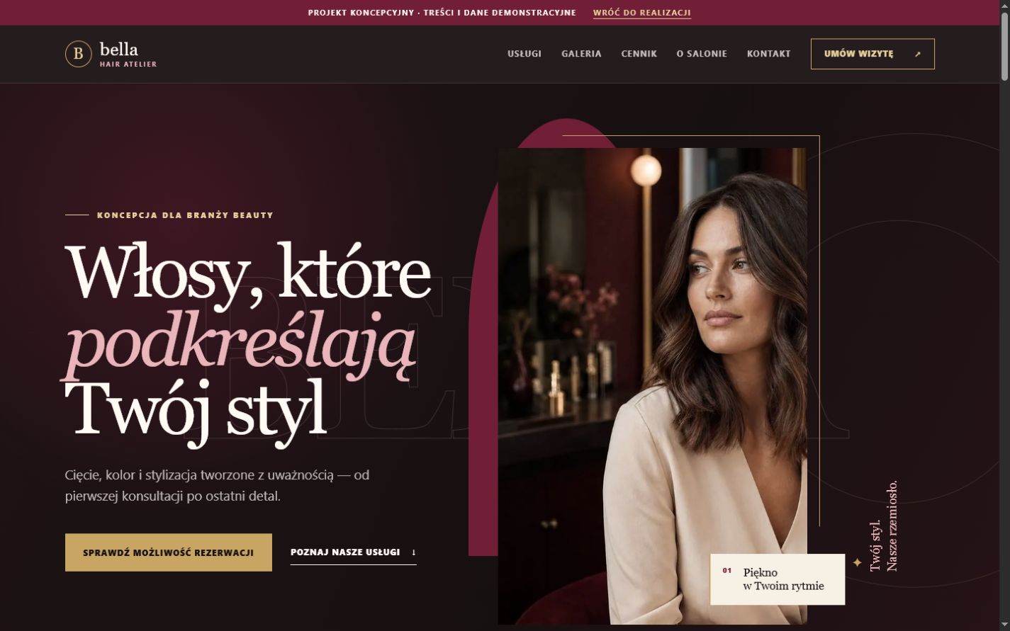 Widok strony internetowej salonu fryzjerskiego Salon Bella na laptopie