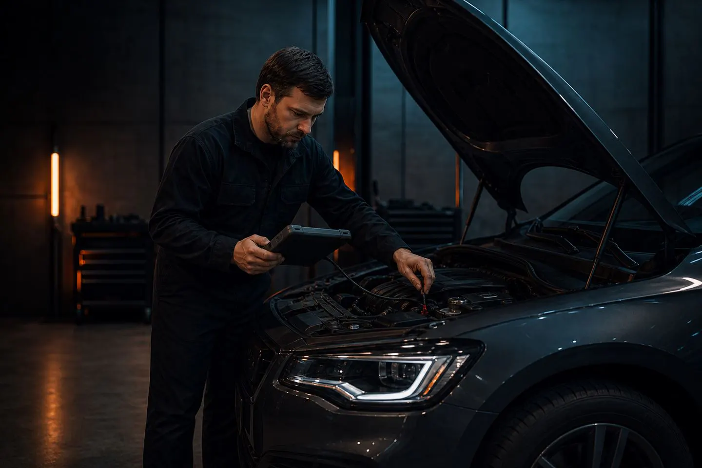 Koncepcyjne zbliżenie mechanika diagnozującego komorę silnika