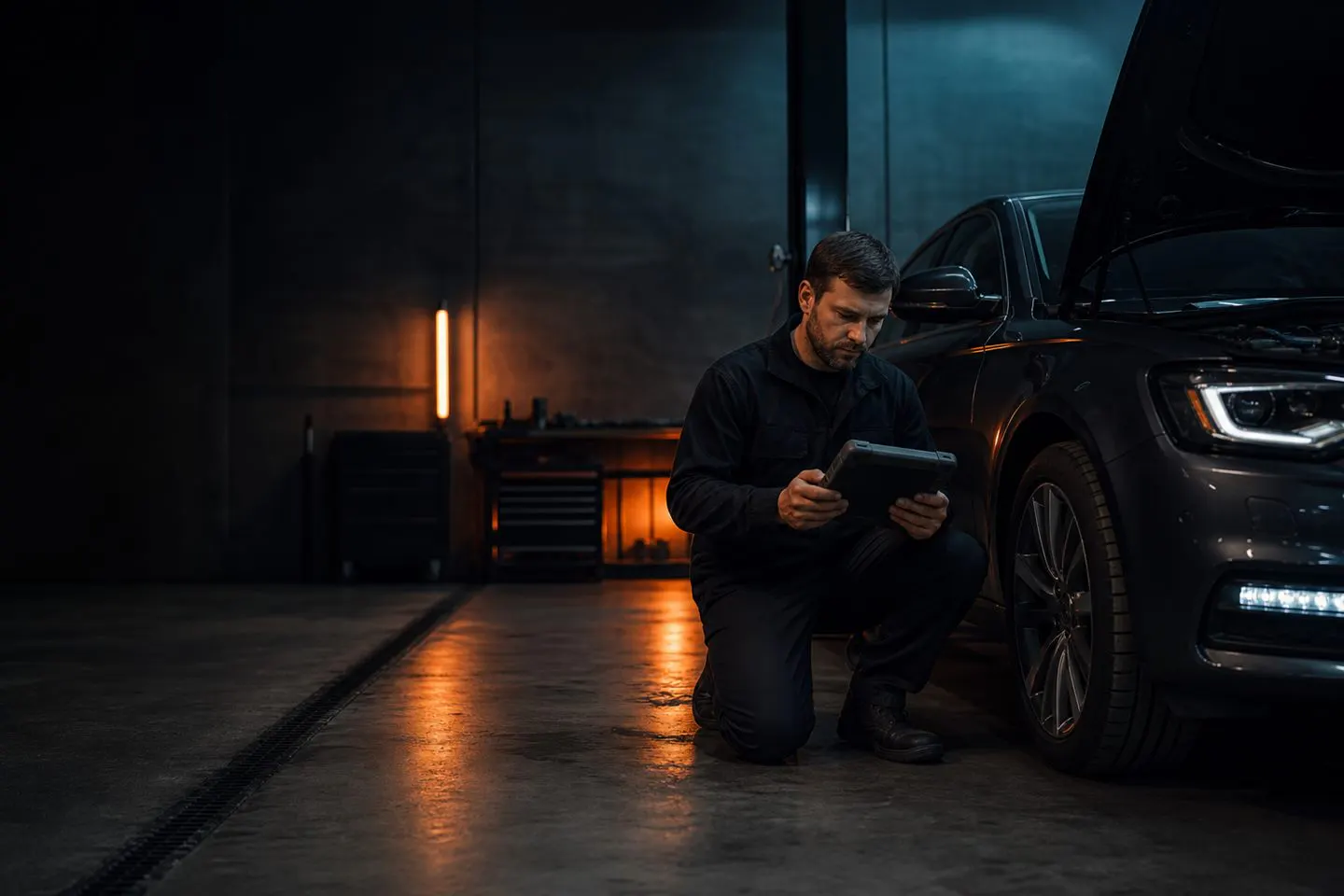 Mechanik z tabletem obok ciemnego sedana w industrialnej hali serwisowej